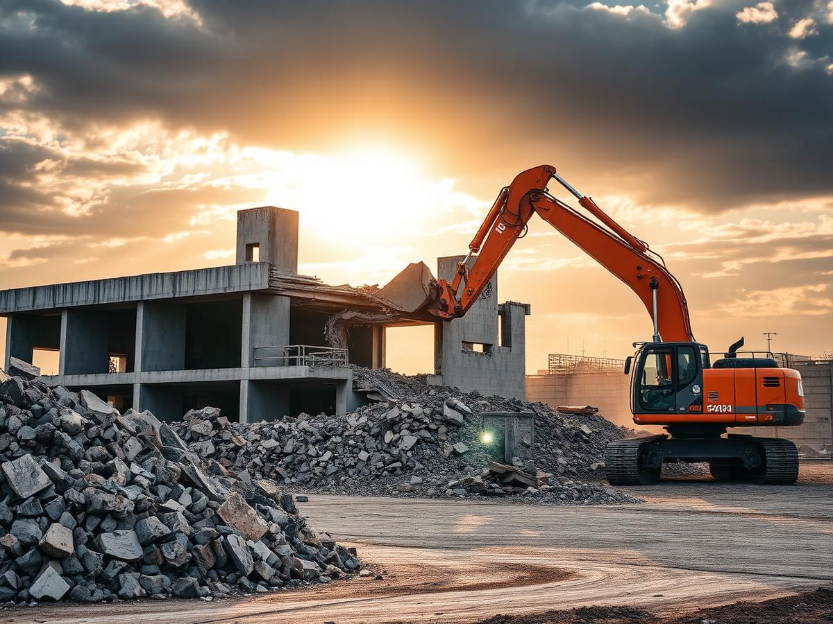 Bagger beim kontrollierten Abbruch einer Betonstruktur