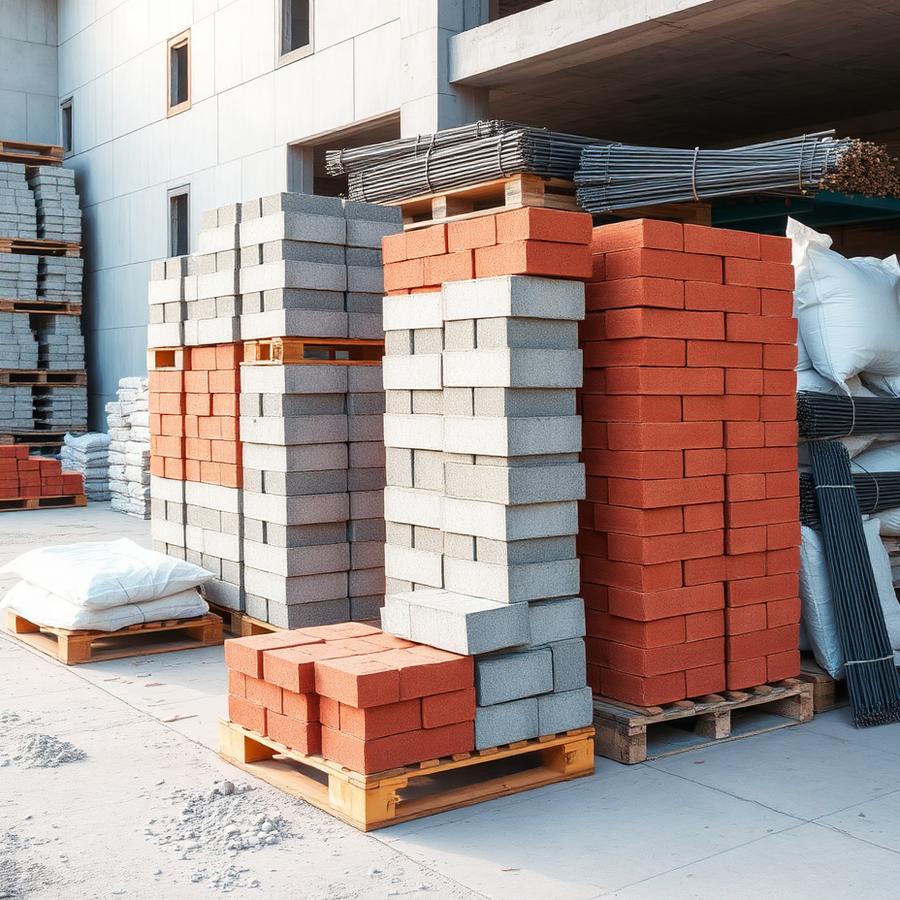 Gestapelte Baumaterialien auf einer Baustelle
