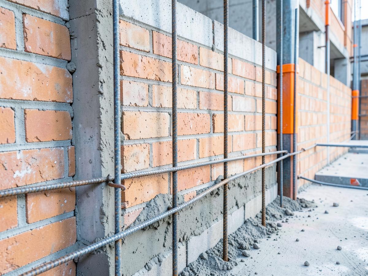Detailansicht von Mauerwerk mit Bewehrungsstahl und frischem Beton