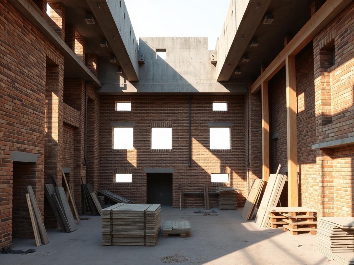 Rohbau aus Mauerwerk mit Betondecken und Schalungshölzern